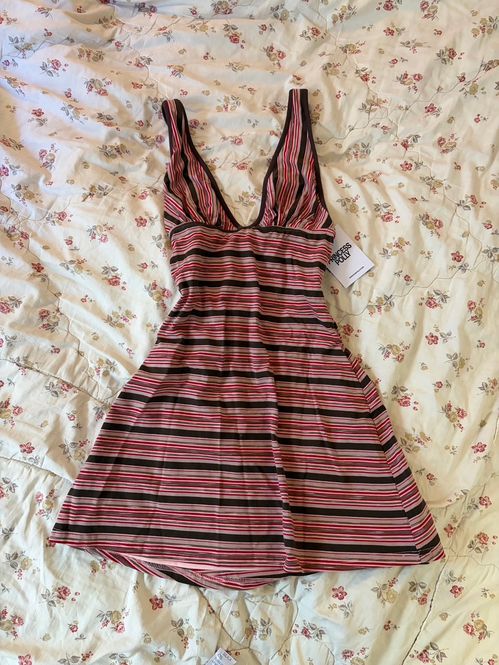 Striped Pink and Brown V-Neck Summer Dress